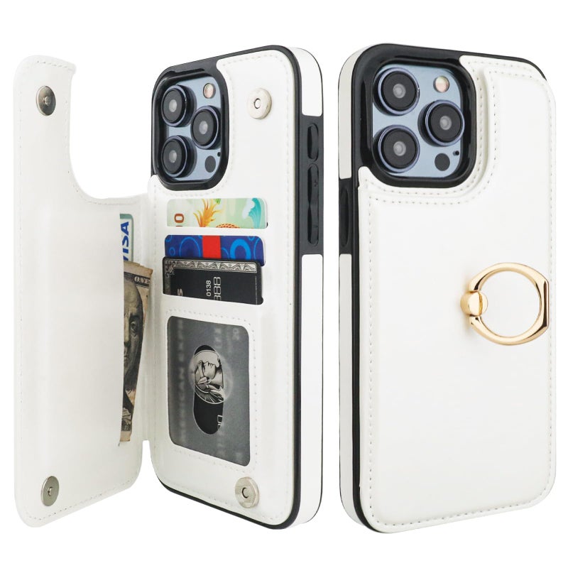 OT ONETOP ONETOP for iPhone 15 Pro Max Wallet Case with Card Holder, 360Â° Rotation Ring Kickstand RFID Blocking PU Leather Double Magnetic Clasp Shockproof Cover for Women and Girls 6.7 Inch (White) - Image 1