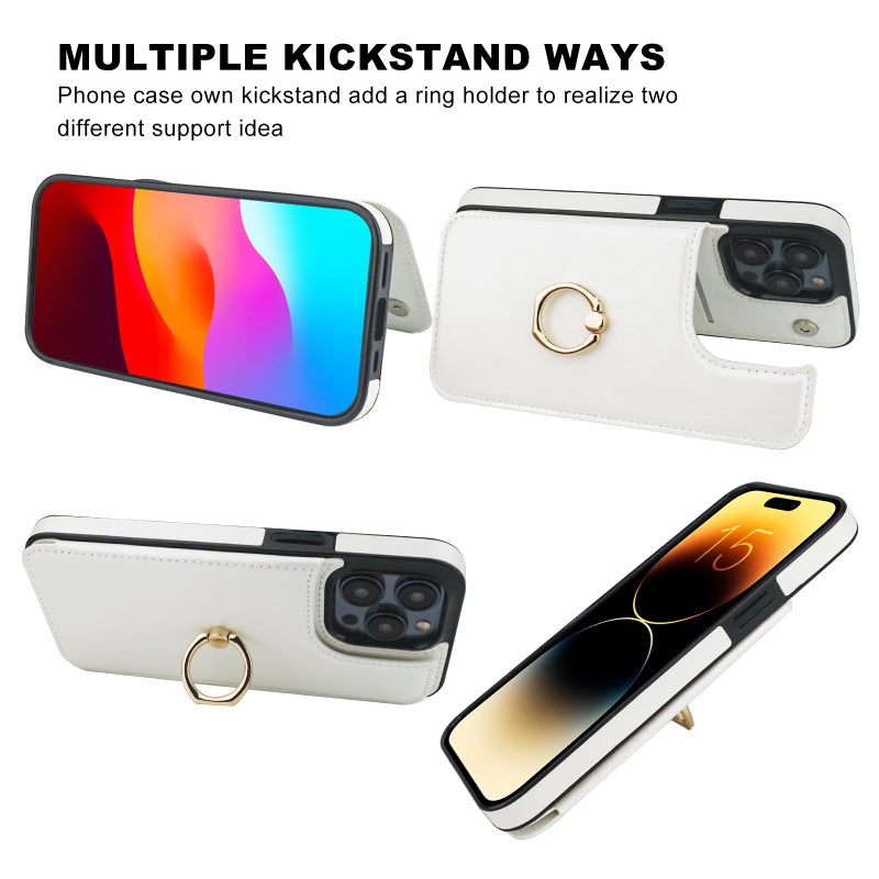 OT ONETOP ONETOP for iPhone 15 Pro Max Wallet Case with Card Holder, 360Â° Rotation Ring Kickstand RFID Blocking PU Leather Double Magnetic Clasp Shockproof Cover for Women and Girls 6.7 Inch (White) - Image 4