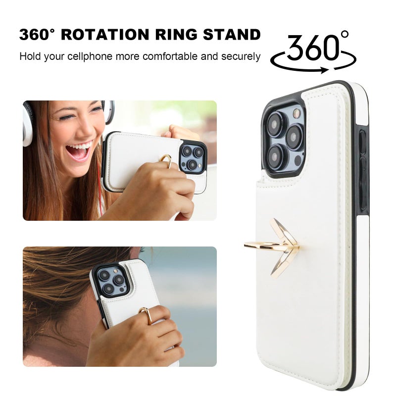 OT ONETOP ONETOP for iPhone 15 Pro Max Wallet Case with Card Holder, 360Â° Rotation Ring Kickstand RFID Blocking PU Leather Double Magnetic Clasp Shockproof Cover for Women and Girls 6.7 Inch (White) - Image 5