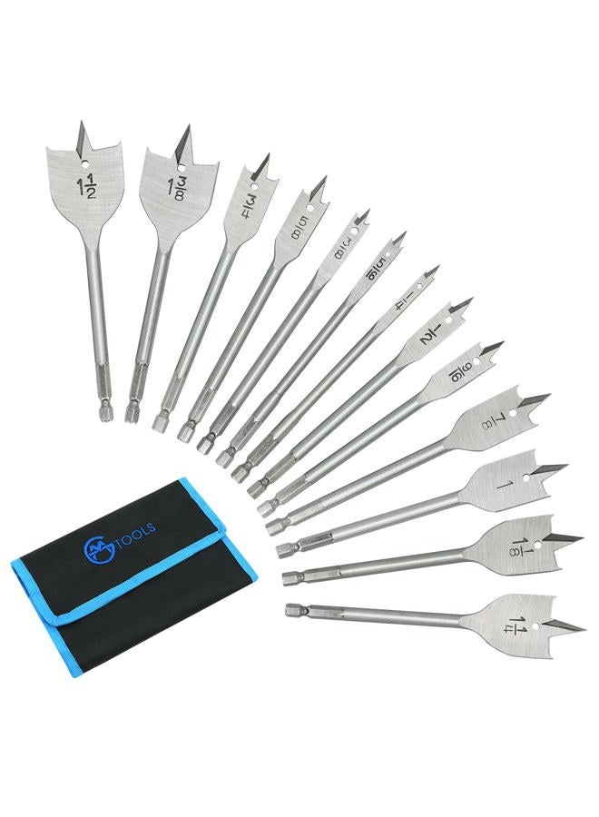 GMTOOLS 13 Piece Spade Drill Bit Sets, Paddle Flat Bit for Hole Cutter Woodworking, 1/4" to 1-1/2", Carbon Steel Paddle Flat Bit with Quick Change Shank, Nylon Storage Pouch Included - Image 1
