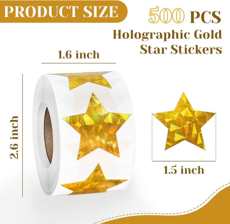 Imeepa 500 PCS Holographic Gold Star Stickers, 1.5 inch Self-Adhesive Metallic Glitter Foil Stars for Kids, Students & Teachers - Image 2