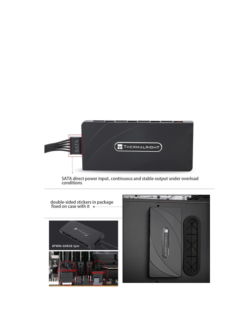 Thermalright Thermalright ARGB Fan HUB Controller Support 8 Groups of Fans, 8-Port 4 Pin PC Fan Controller, 5V-3Pin ARGB Fan Hub, Strong Paste+Magnetic Suction, SATA Power Cord(12V 4-pin RGB is not Supported) - Image 3