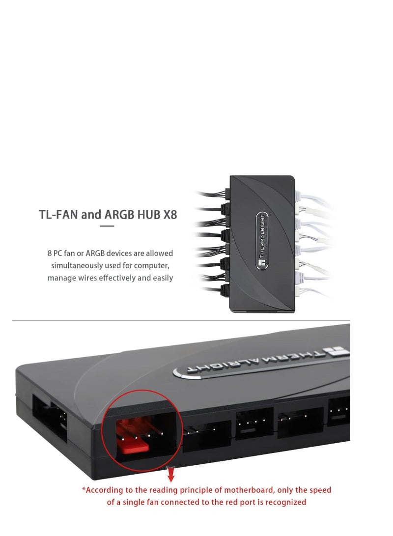 Thermalright Thermalright ARGB Fan HUB Controller Support 8 Groups of Fans, 8-Port 4 Pin PC Fan Controller, 5V-3Pin ARGB Fan Hub, Strong Paste+Magnetic Suction, SATA Power Cord(12V 4-pin RGB is not Supported) - Image 4