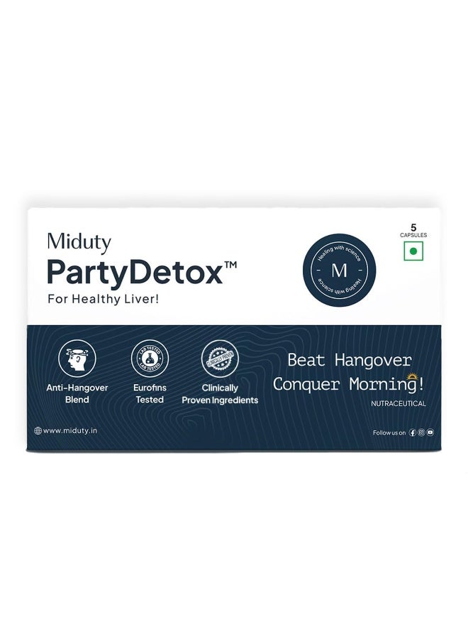 Miduty Party Detox to Party Smart & Anti - Hangover For Better Morning & Night | Supports Liver | Safe, Effective & Clinically Tested by International Lab - 5 Capsules - Image 1