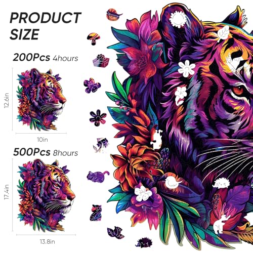 Qiuenisray Jigsaw Puzzles for Adults 200 Pieces Wooden Puzzle Tiger Flower Animal Wall Decor FSC Certified Unique Shape Animal Adult Puzzles Wood Puzzles Gift for Family Game 10x126 in - Image 5