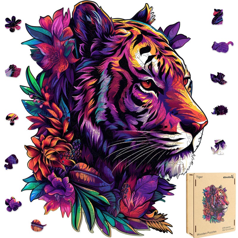 Qiuenisray Jigsaw Puzzles for Adults 200 Pieces Wooden Puzzle Tiger Flower Animal Wall Decor FSC Certified Unique Shape Animal Adult Puzzles Wood Puzzles Gift for Family Game 10x126 in - Image 3