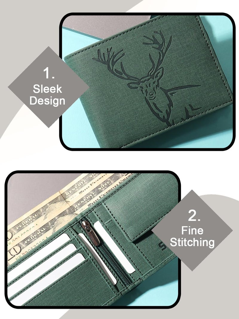 SAMTROH Vegan Leather Wallet for Men | Vintage Printed | Premium Vegan Leather Craftsmanship | 3 Card Slots I 2 Cash Compartments & Secret Slots | 1 CoinPocket (Deer, Green) - Image 5