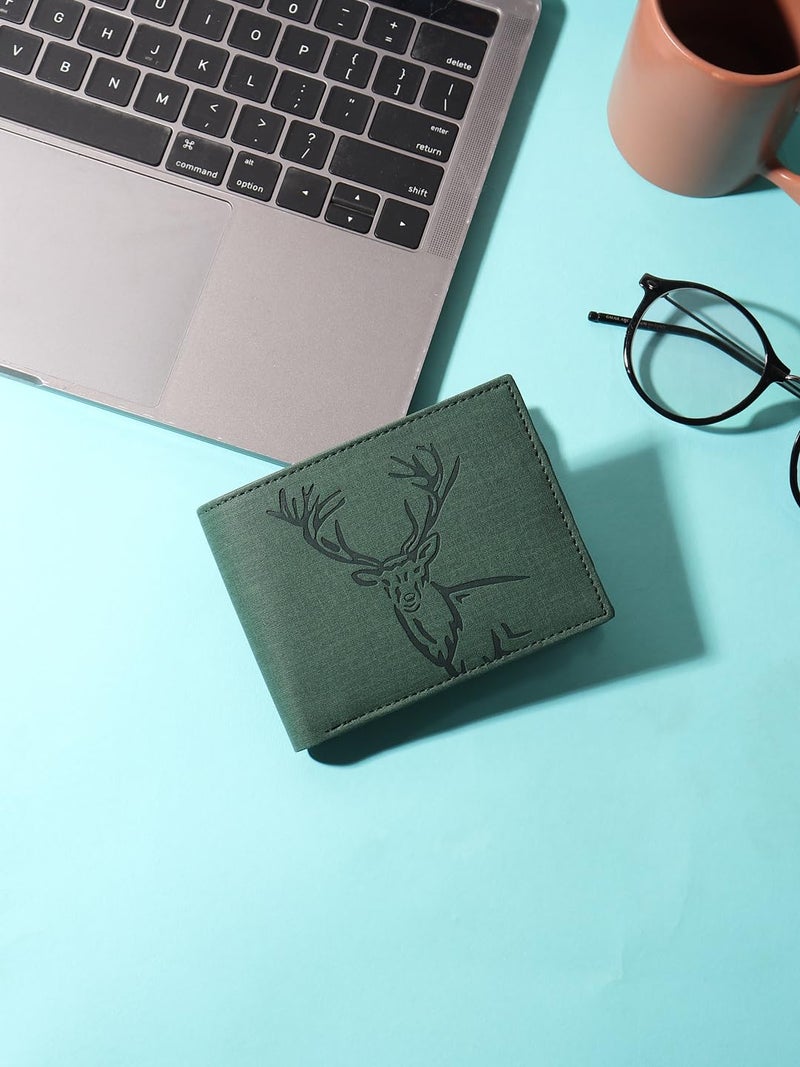 SAMTROH Vegan Leather Wallet for Men | Vintage Printed | Premium Vegan Leather Craftsmanship | 3 Card Slots I 2 Cash Compartments & Secret Slots | 1 CoinPocket (Deer, Green) - Image 2
