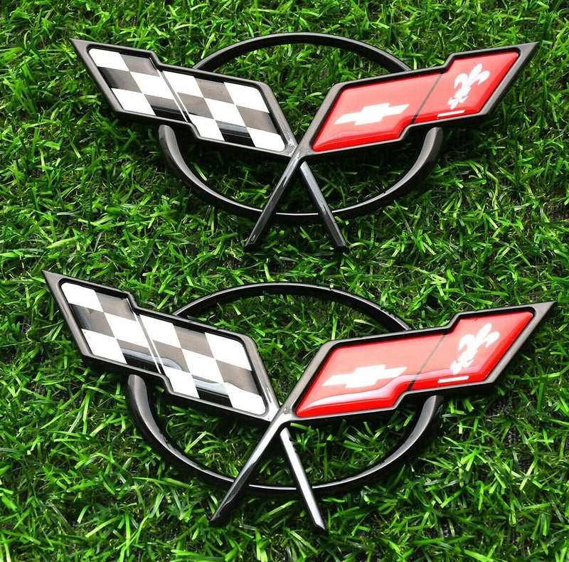 Pair Set 1997-2004 Corvette C5 Front Nose Emblem and Rear Deck Lid 3D Crossed Flags Badge Replacement (Black Red) - Image 1
