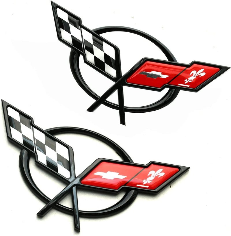 Pair Set 1997-2004 Corvette C5 Front Nose Emblem and Rear Deck Lid 3D Crossed Flags Badge Replacement (Black Red) - Image 3