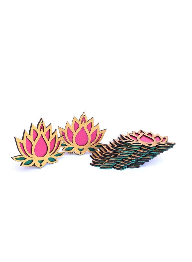 StepsToDo Lotus Flower Wooden Cutout. Set Of 12. Each Lotus In 3 Color Golden, Rose Pink And Green. Festive Diy Craft Material Kit. Decoration For Diwali, Dashera. For Pooja, Festival, Wedding Gift  - Image 1