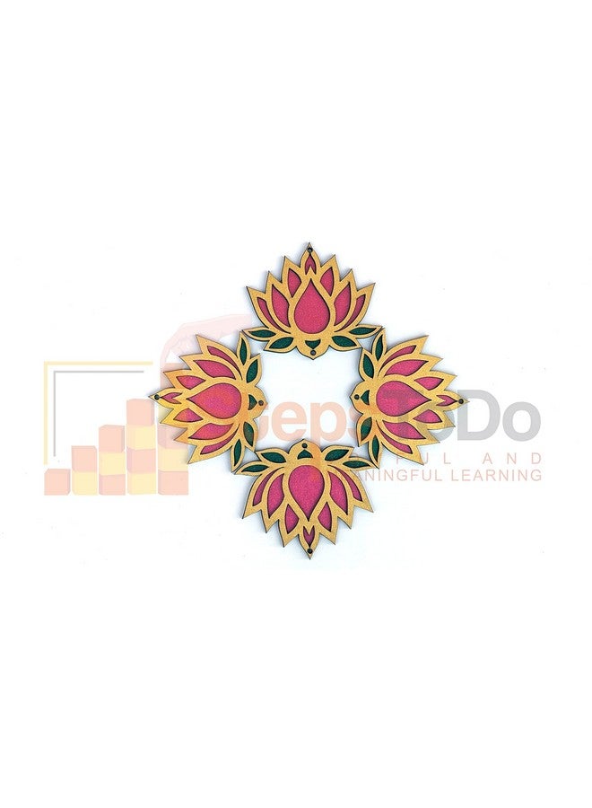 StepsToDo Lotus Flower Wooden Cutout. Set Of 12. Each Lotus In 3 Color Golden, Rose Pink And Green. Festive Diy Craft Material Kit. Decoration For Diwali, Dashera. For Pooja, Festival, Wedding Gift  - Image 2