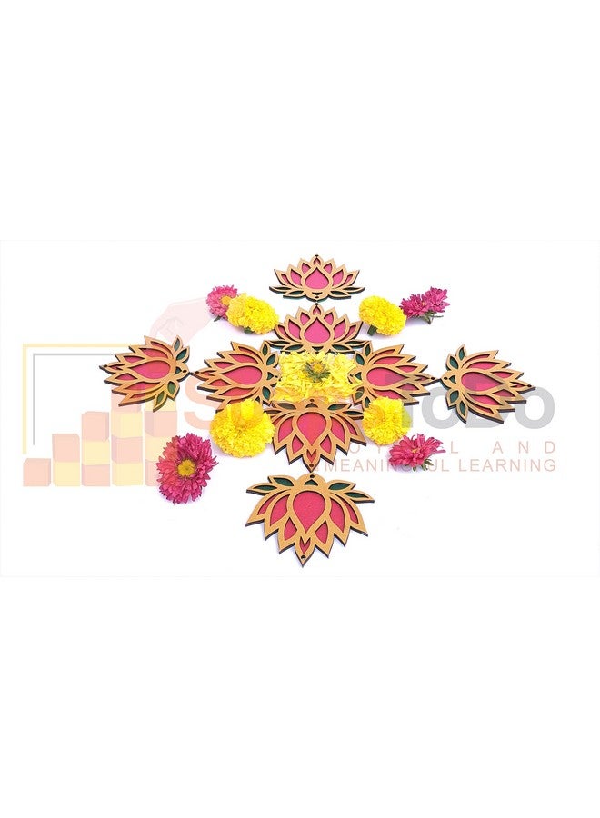 StepsToDo Lotus Flower Wooden Cutout. Set Of 12. Each Lotus In 3 Color Golden, Rose Pink And Green. Festive Diy Craft Material Kit. Decoration For Diwali, Dashera. For Pooja, Festival, Wedding Gift  - Image 3