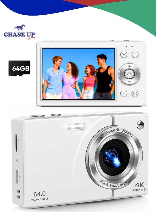 Chase Up Digital Camera 4K with 64MP & 16X Optical Zoom - Autofocus Vlogging Camera with Anti-Shake, 64GB SD Card Included | Compact Travel Camera for YouTube Beginners, Teens & Adults (White) - Image 1