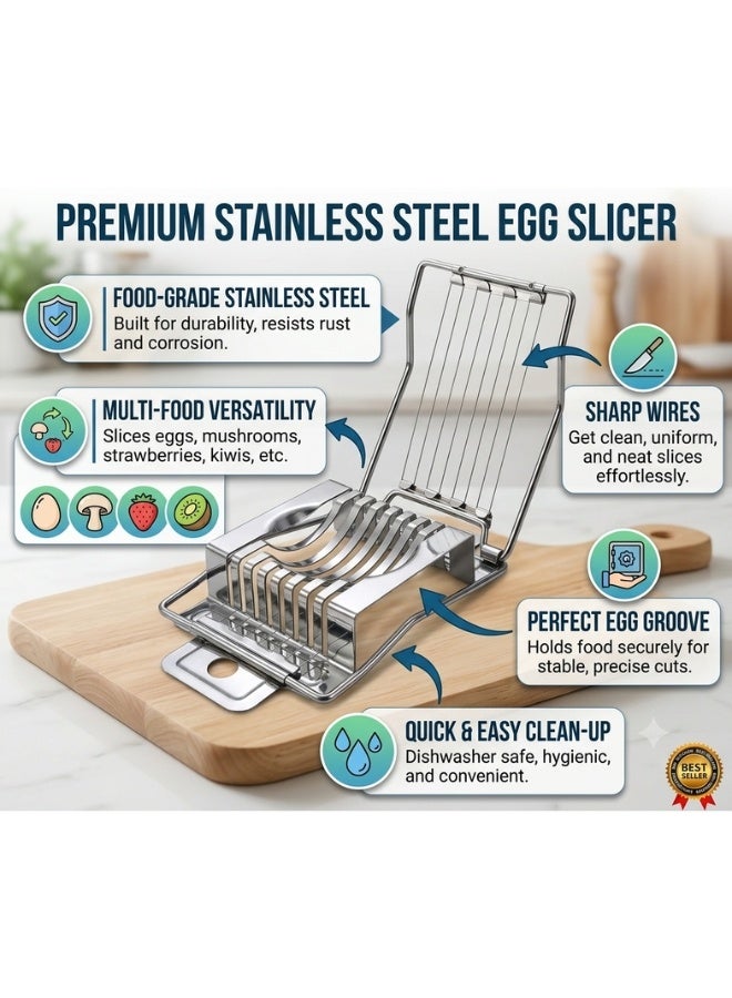 Heavy Duty Stainless Steel Egg Slicer with 8 Precision Cutting Wires for Hard-Boiled Eggs, Soft Fruits, Mushrooms and Cheese, Silver - Image 4