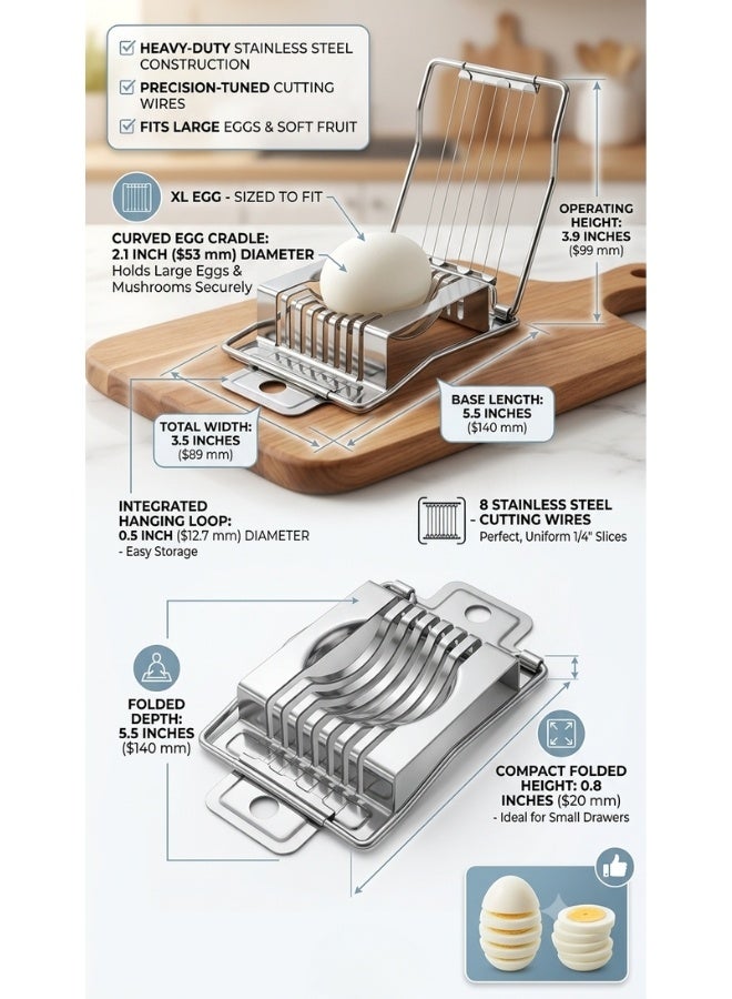 Heavy Duty Stainless Steel Egg Slicer with 8 Precision Cutting Wires for Hard-Boiled Eggs, Soft Fruits, Mushrooms and Cheese, Silver - Image 3