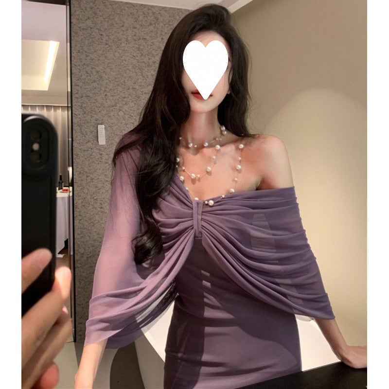 High-grade purple tube-top dress royal sister temperament design fake two-piece hip skirt travel cocktail party wear Purple