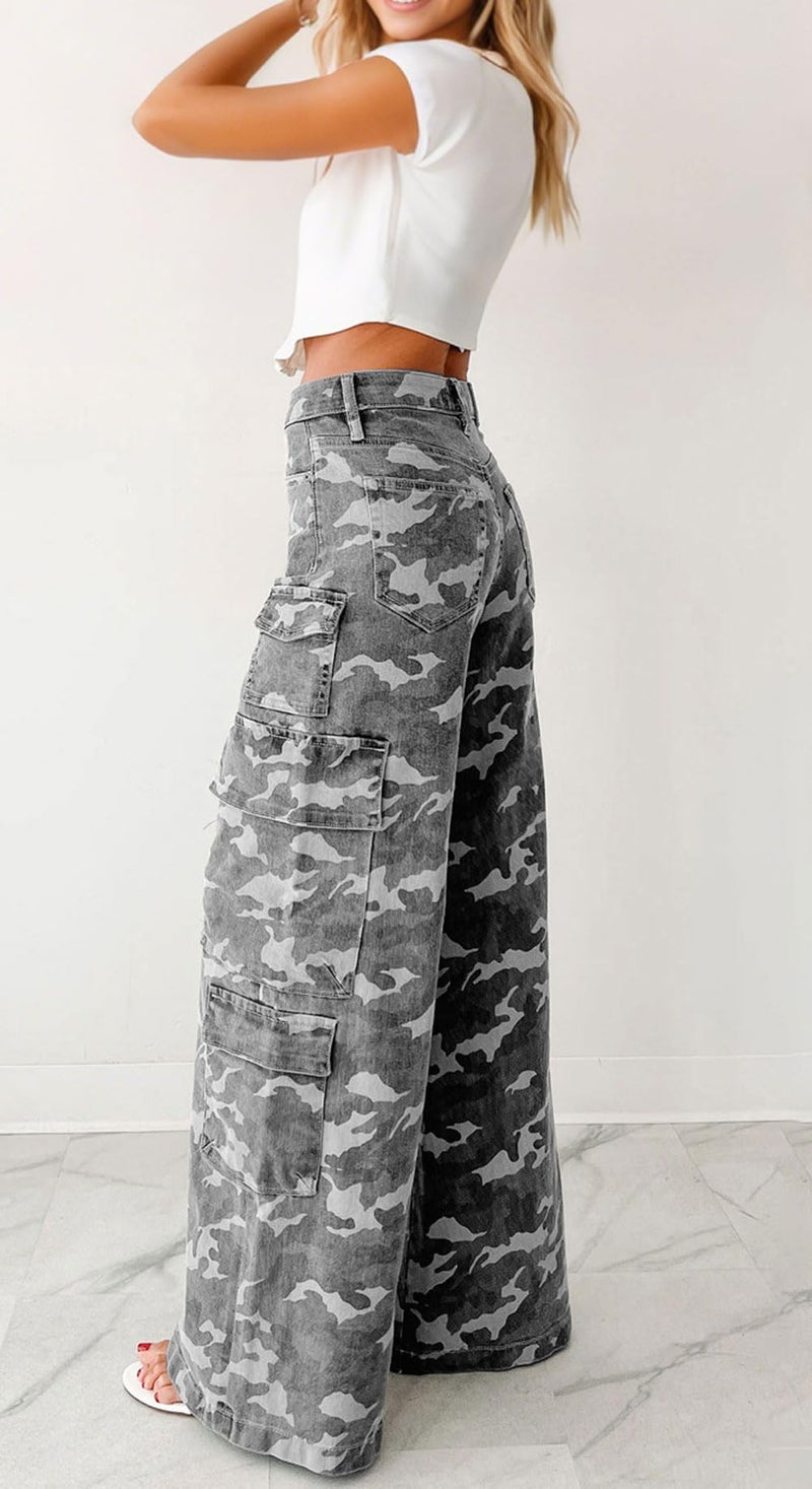 loveimgs Women Casual Camo Print Denim Pants Y2k Wide Leg Cargo Jeans Flare Distressed Camouflage Jeans Sweatpants Pockets (Large,Grey) - Image 4
