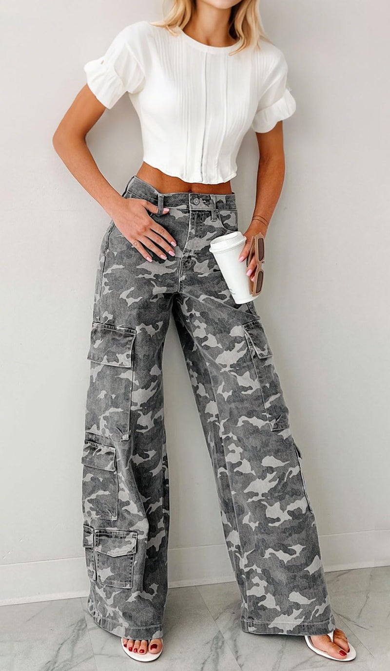 loveimgs Women Casual Camo Print Denim Pants Y2k Wide Leg Cargo Jeans Flare Distressed Camouflage Jeans Sweatpants Pockets (Large,Grey) - Image 2