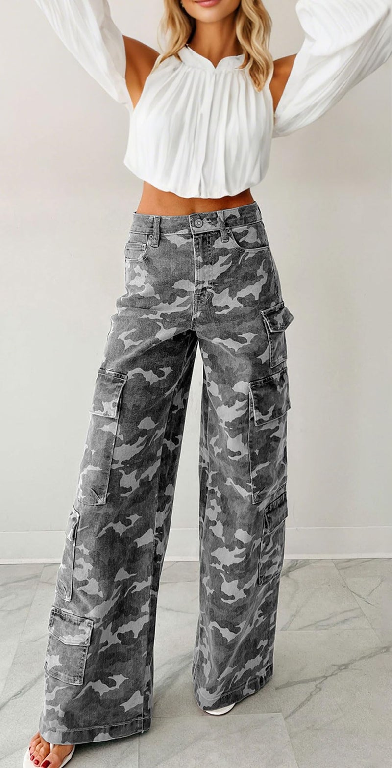 loveimgs Women Casual Camo Print Denim Pants Y2k Wide Leg Cargo Jeans Flare Distressed Camouflage Jeans Sweatpants Pockets (Large,Grey) - Image 3