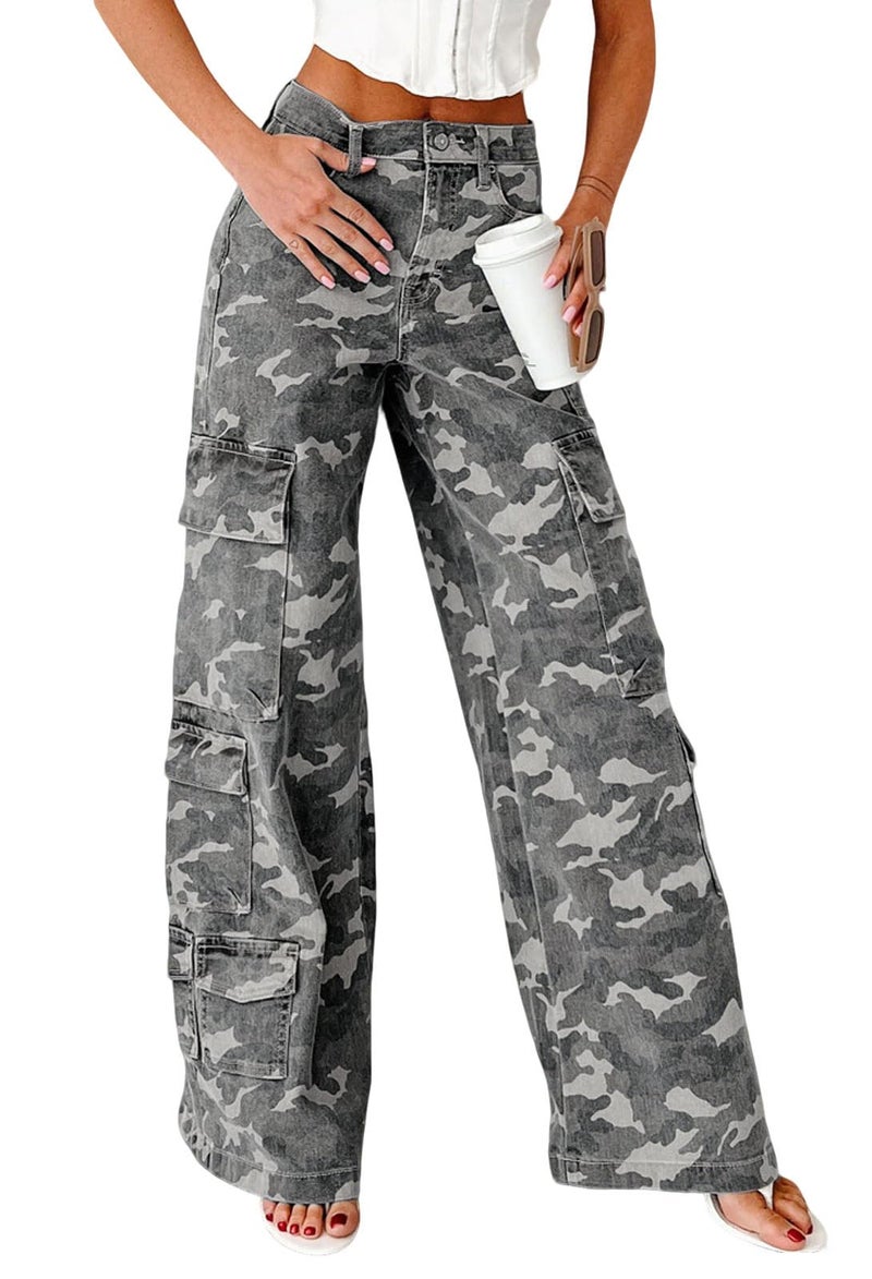 loveimgs Women Casual Camo Print Denim Pants Y2k Wide Leg Cargo Jeans Flare Distressed Camouflage Jeans Sweatpants Pockets (Large,Grey) - Image 1