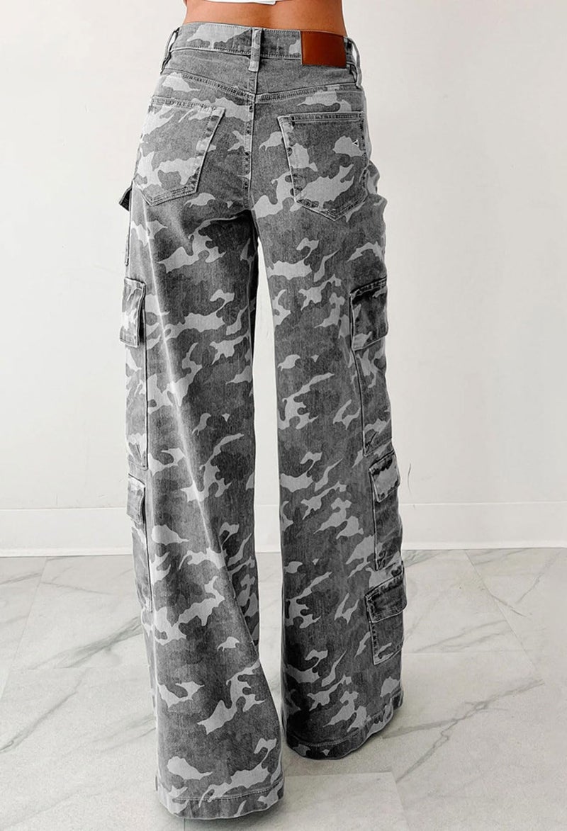 loveimgs Women Casual Camo Print Denim Pants Y2k Wide Leg Cargo Jeans Flare Distressed Camouflage Jeans Sweatpants Pockets (Large,Grey) - Image 5