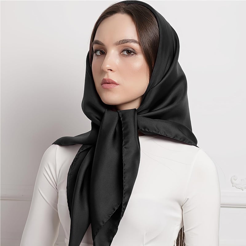 vimate Silk Like Scarf for Women, 35 Inches Square Black White Silk Head Scarf for Hair Wrapping at Night(Black&White) - Image 4