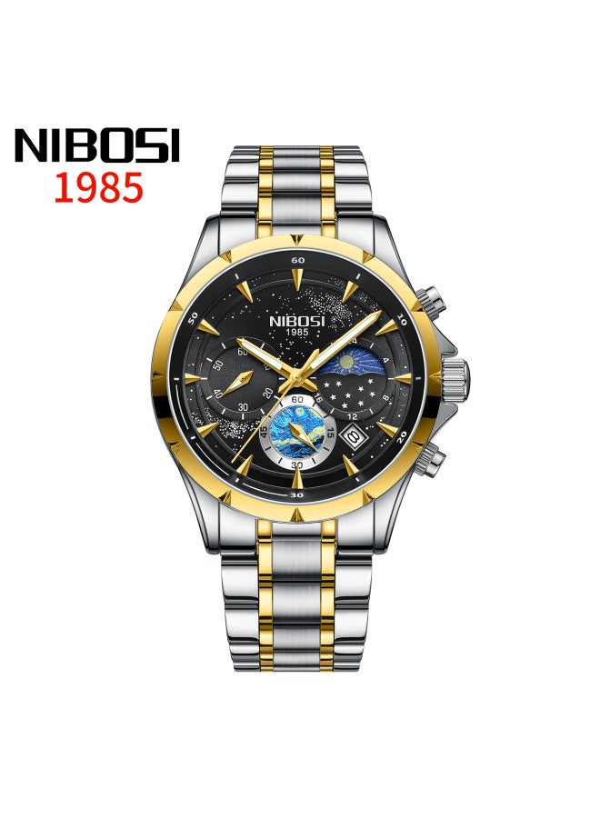 Nibosi Sun Moon Star Multi-functional Fashion Men's Watch Gypsophila Luminous Moon Phase Chronograph Six-pin Calendar Quartz Watch