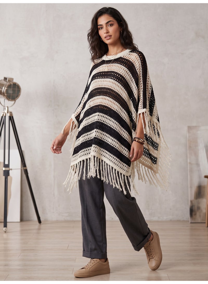 Black and Cream Striped Crochet Poncho Sweater with Fringe Trim