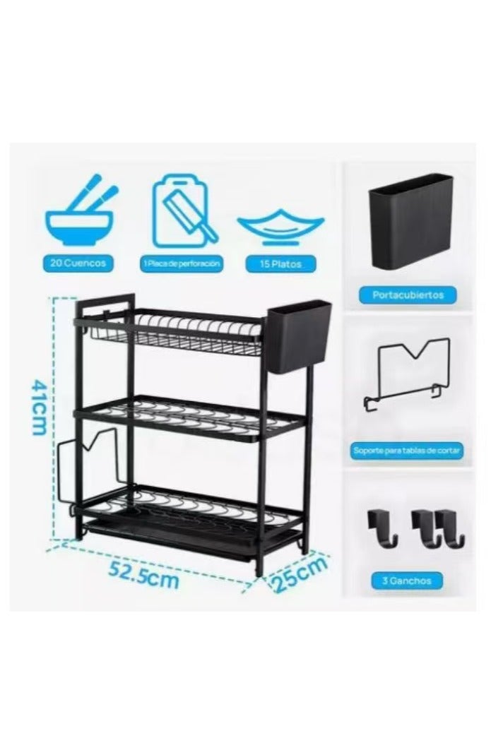 حصريا رف تجفيف أطباق المطبخ ثلاثي الطبقات لتخزين الأوعية وعيدان تناول الطعام ورف أدوات المائدة وسلة تجفيف 52.5 سم × 25 سم × 41 سم - Image 3