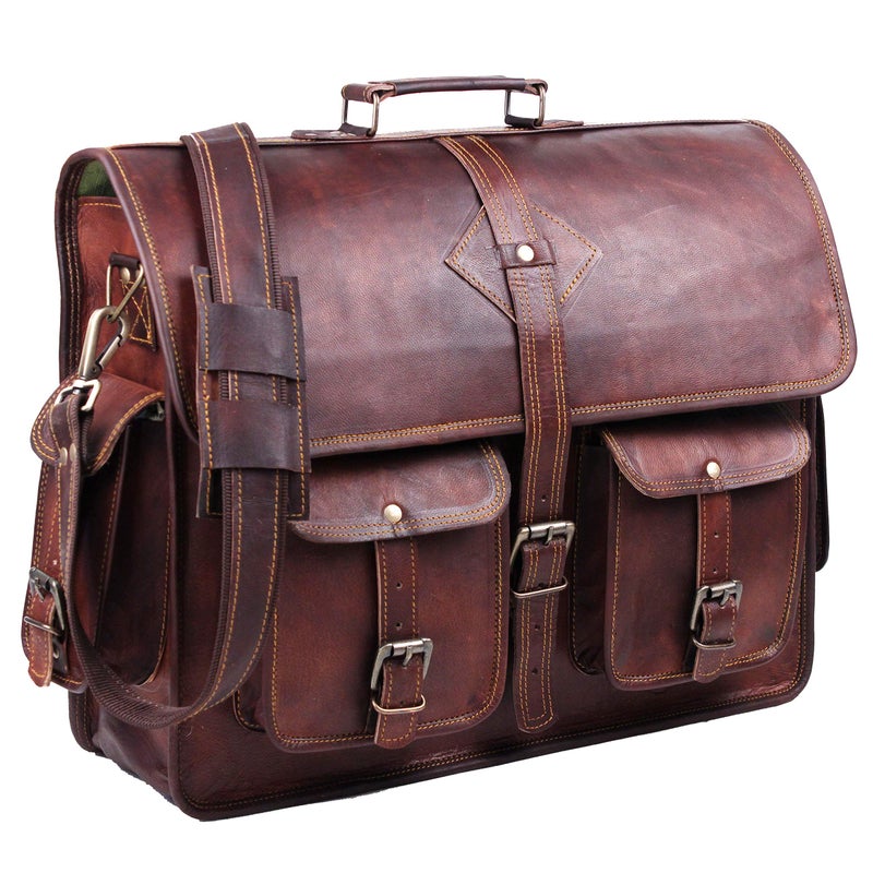 HULSH Vintage Leather Laptop Bag for Men Full Grain Large Leather Messenger bag for men 18 inches with rustic look Brown briefcase Brown - Image 3