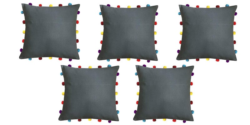 Lushomes Cushion Cover 16x16 Boho Cushion Covers Sofa Pillow Cover Cushion Covers with Tassels Cushion Cover with pom pom 16x16 Inches Set of 5 Grey - Image 1