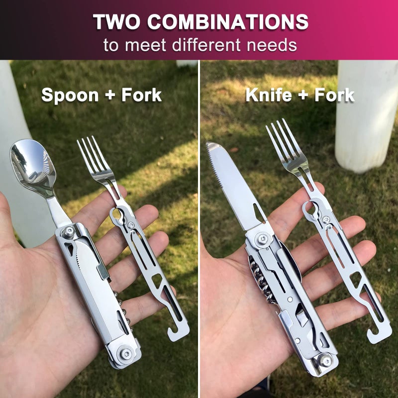 Joycube 6 in 1 Detachable Camping Utensils Flatware Set, Multifunction Travel Pocket Cutlery Folding Spoon, Fork, Knife, Wine Bottle Can Opener Portable Combo Set Stainless Steel - Image 3