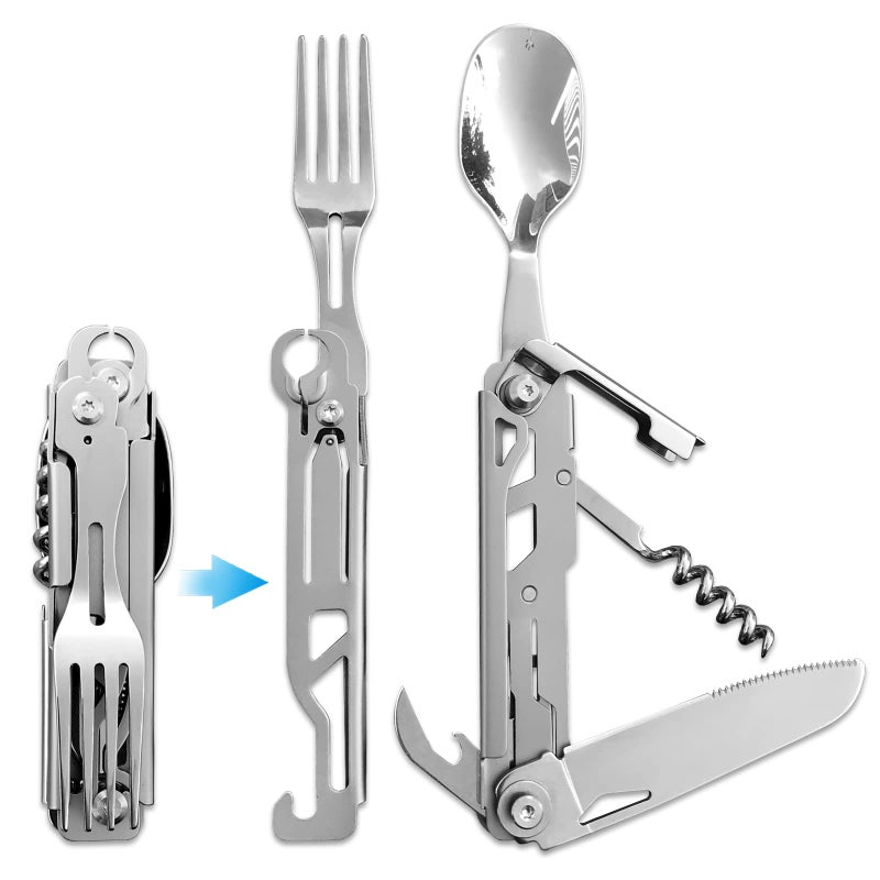 Joycube 6 in 1 Detachable Camping Utensils Flatware Set, Multifunction Travel Pocket Cutlery Folding Spoon, Fork, Knife, Wine Bottle Can Opener Portable Combo Set Stainless Steel - Image 1
