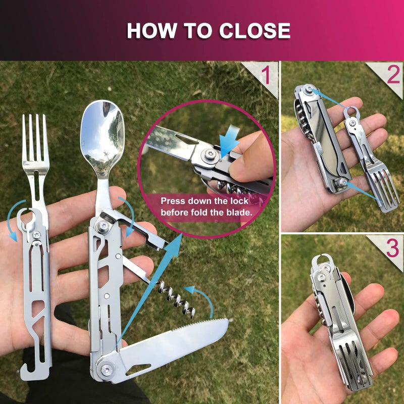 Joycube 6 in 1 Detachable Camping Utensils Flatware Set, Multifunction Travel Pocket Cutlery Folding Spoon, Fork, Knife, Wine Bottle Can Opener Portable Combo Set Stainless Steel - Image 5