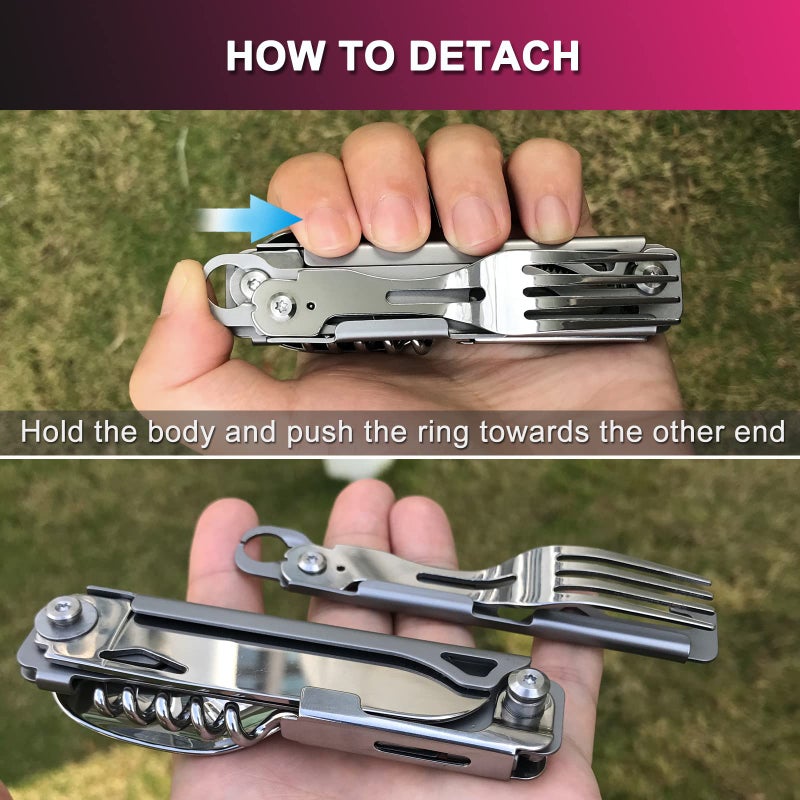 Joycube 6 in 1 Detachable Camping Utensils Flatware Set, Multifunction Travel Pocket Cutlery Folding Spoon, Fork, Knife, Wine Bottle Can Opener Portable Combo Set Stainless Steel - Image 4
