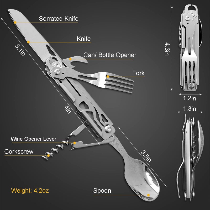 Joycube 6 in 1 Detachable Camping Utensils Flatware Set, Multifunction Travel Pocket Cutlery Folding Spoon, Fork, Knife, Wine Bottle Can Opener Portable Combo Set Stainless Steel - Image 2