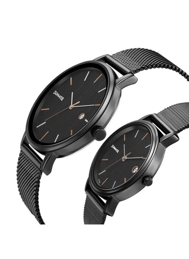 سوناتا ساعة سوناتا كوارتز أنالوج مع تاريخ ومينا سوداء وحزام معدني للزوجين - NS713187029NM01P - Image 3