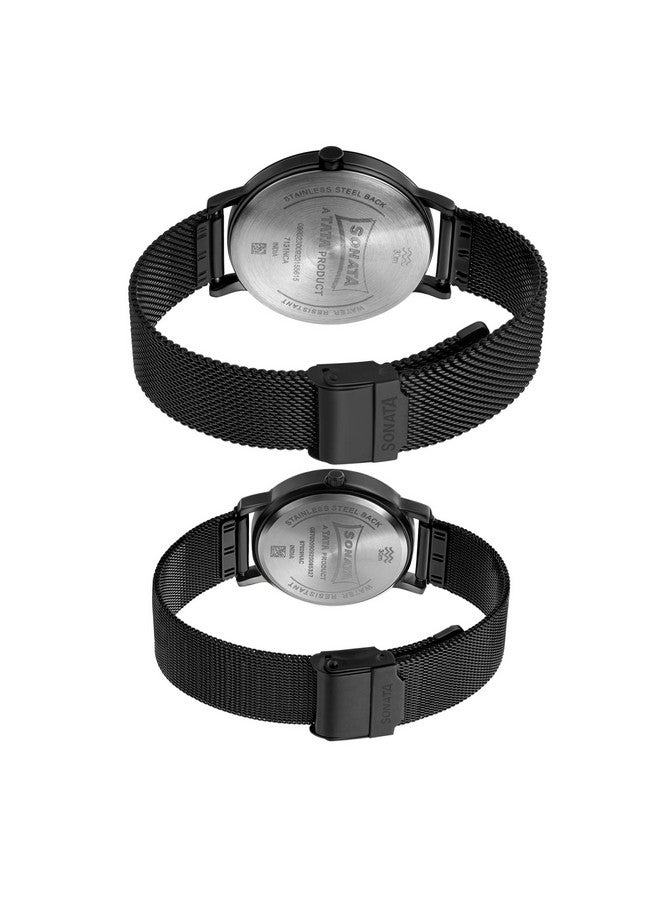 سوناتا ساعة سوناتا كوارتز أنالوج مع تاريخ ومينا سوداء وحزام معدني للزوجين - NS713187029NM01P - Image 4