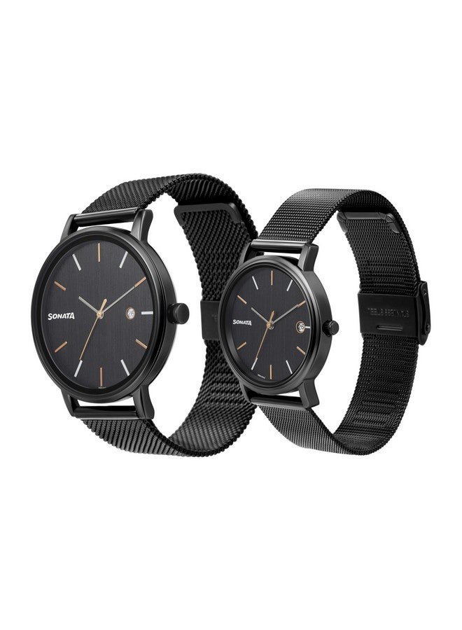 سوناتا ساعة سوناتا كوارتز أنالوج مع تاريخ ومينا سوداء وحزام معدني للزوجين - NS713187029NM01P - Image 2