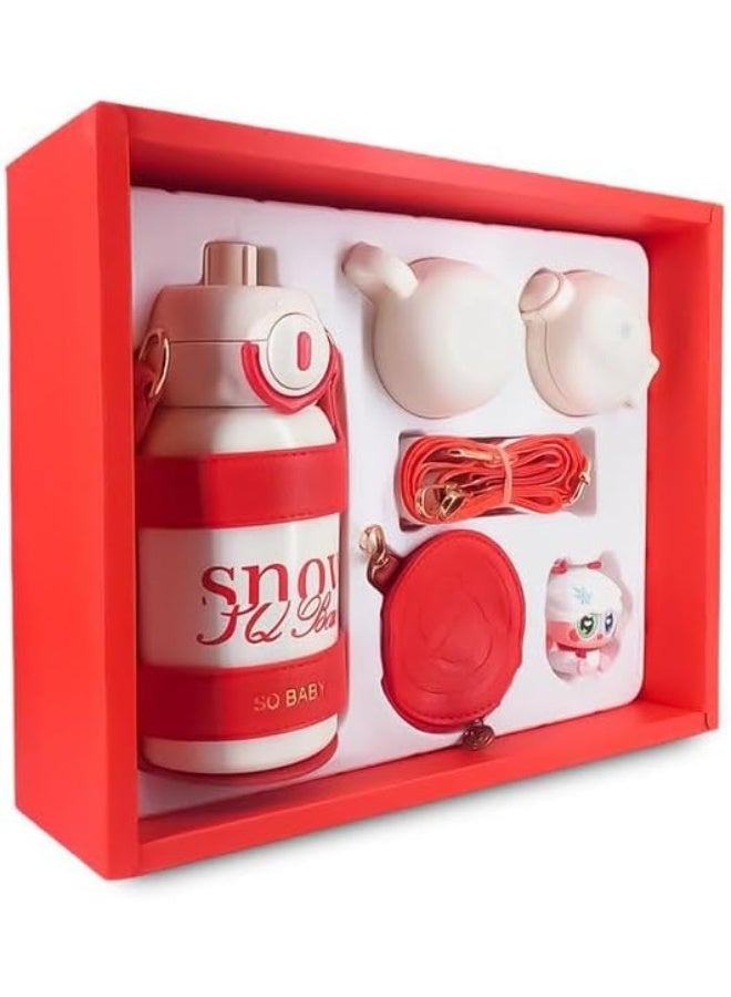 زجاجة مياه ستانلس ستيل حرارية 3 في 1 متعددة الاستخدامات مع 3 فوهات مختلفة + كوب شرب مدمج + حزام حمل + محفظة جلدية | ترمس قهوة وشاي يحافظ على الحرارة والبرودة للسفر والعمل والجيم - Image 1