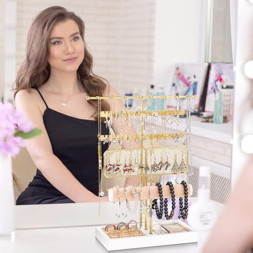 Dntorx 3 Tier Jewelry Stand Holder Organizer, Jewelry Holder Storage Display T Bar Beige Velvet Bracelet Holder Jewelry Tower for Necklace, Earrings, Bracelet, Rings, Watches - Image 4