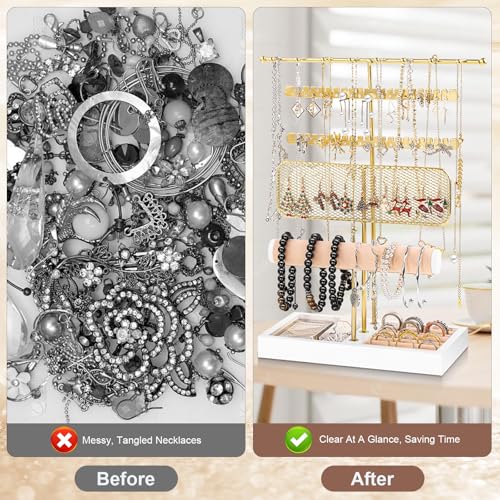 Dntorx 3 Tier Jewelry Stand Holder Organizer, Jewelry Holder Storage Display T Bar Beige Velvet Bracelet Holder Jewelry Tower for Necklace, Earrings, Bracelet, Rings, Watches - Image 5
