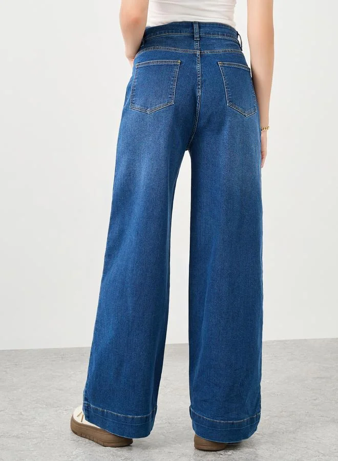 Styli Mid Rise Wide Leg Jeans with Patch Pocket