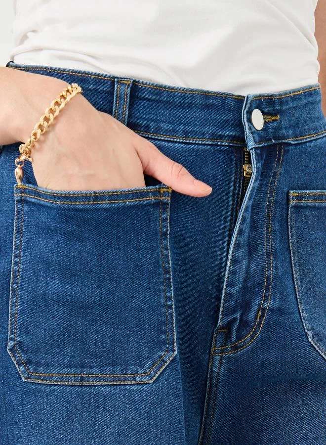 Styli Mid Rise Wide Leg Jeans with Patch Pocket