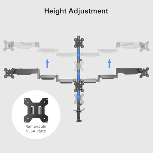 Pholiten Quad 4 Monitor Arm Desk Mount for Max 32 inch Screens, Gas Spring Adjustment Monitor Stand with VESA 75x75mm, 100x100 mm, Clamp & Grommet Install Black MD18864 - Image 5