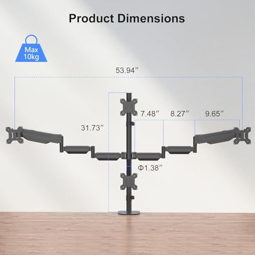 Pholiten Quad 4 Monitor Arm Desk Mount for Max 32 inch Screens, Gas Spring Adjustment Monitor Stand with VESA 75x75mm, 100x100 mm, Clamp & Grommet Install Black MD18864 - Image 4