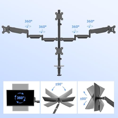 Pholiten Quad 4 Monitor Arm Desk Mount for Max 32 inch Screens, Gas Spring Adjustment Monitor Stand with VESA 75x75mm, 100x100 mm, Clamp & Grommet Install Black MD18864 - Image 3