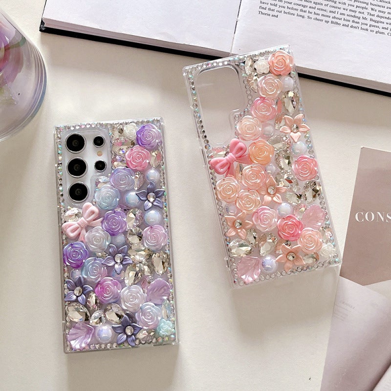 Rhinestone Bow Flower Phone Case for Samsung Galaxy S25 S24 Ultra A15 Note20, Soft Edge Hard Acrylic Protective Cover - Image 3