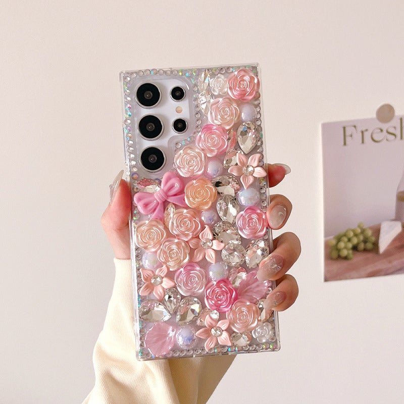 Rhinestone Bow Flower Phone Case for Samsung Galaxy S25 S24 Ultra A15 Note20, Soft Edge Hard Acrylic Protective Cover - Image 1